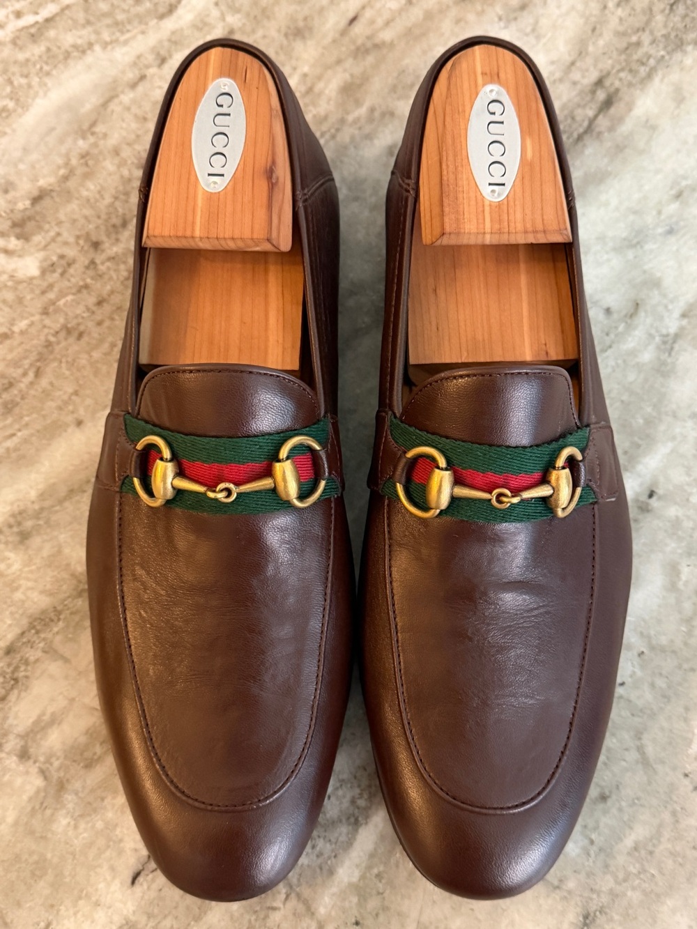 GUCCI Brixton Horsebit Brown Leather Web Loafers 8 / 8.5 US  1953 Moccasin $1100